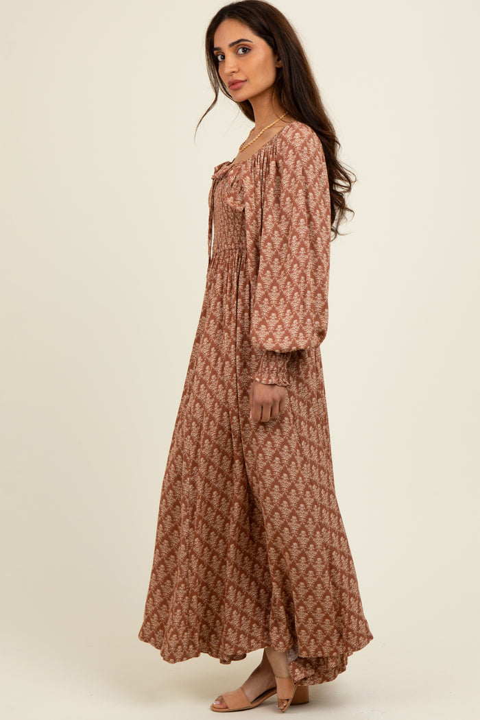 Mocha Damask Print Smocked Ruffle Accent Maxi Dress
