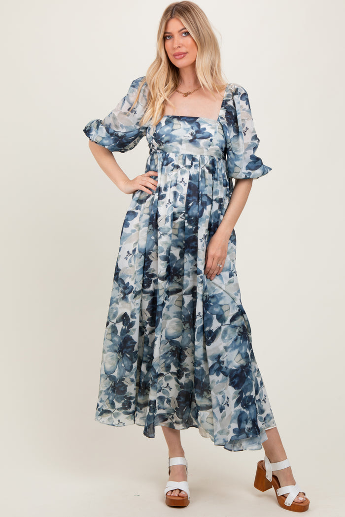 Navy Floral 3/4 Puff Sleeve Maternity Maxi Dress