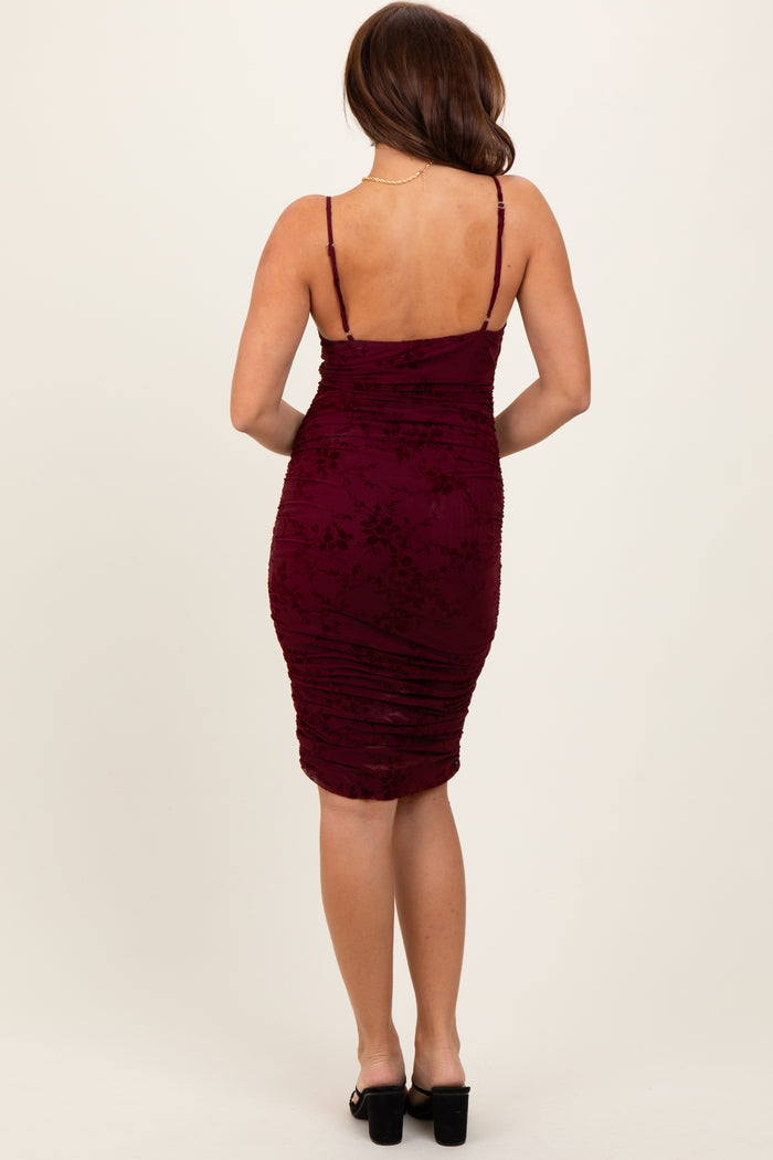 Burgundy Floral Velvet Overlay Ruched Midi Dress