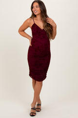 Burgundy Floral Velvet Overlay Ruched Maternity Midi Dress