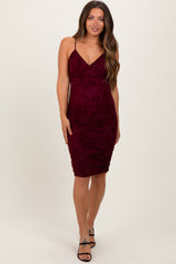 Burgundy Floral Velvet Overlay Ruched Maternity Midi Dress