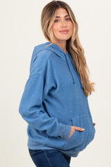 Blue Brushed Knit Oversized Maternity Hoodie