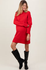 Red Chunky Knit Turtleneck Maternity Mini Sweater Dress