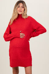 Red Chunky Knit Turtleneck Maternity Mini Sweater Dress