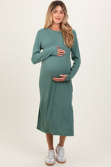 Olive Ribbed Knit Long Sleeve Side Slit Maternity Midi Dress