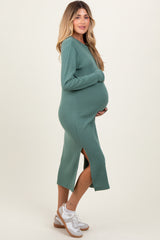 Olive Ribbed Knit Long Sleeve Side Slit Maternity Midi Dress