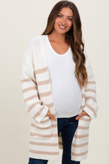 Ivory Beige Knit Striped Long Maternity Cardigan