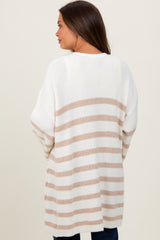 Ivory Beige Knit Striped Long Maternity Cardigan