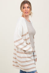 Ivory Beige Knit Striped Long Cardigan