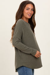 Olive Ribbed Knit Relaxed Fit Round Hem Maternity Top