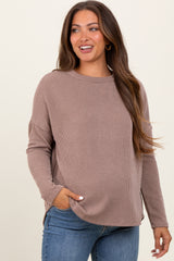 Mocha Ribbed Knit Relaxed Fit Round Hem Maternity Top