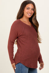 Brown Waffle Knit Raglan Long Sleeve Maternity Top