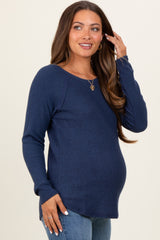 Navy Waffle Knit Raglan Long Sleeve Maternity Top