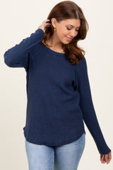 Navy Waffle Knit Raglan Long Sleeve Top