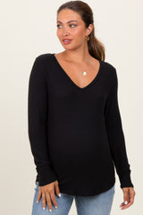 Black Brushed Knit Relaxed V-Neck Long Sleeve Maternity Top