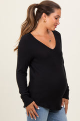 Black Brushed Knit Relaxed V-Neck Long Sleeve Maternity Top