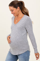 Heather Grey Brushed Knit Relaxed V-Neck Long Sleeve Maternity Top