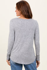 Heather Grey Brushed Knit Relaxed V-Neck Long Sleeve Top