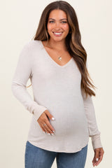 Beige Brushed Knit Relaxed V-Neck Long Sleeve Maternity Top