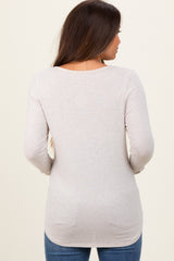 Beige Brushed Knit Relaxed V-Neck Long Sleeve Maternity Top