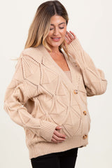 Beige Diamond Knit Button Up Maternity Sweater Cardigan