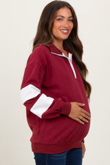 Burgundy Half Zip Stripe Sleeve Maternity Pullover