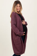 Plum Button Down V-Neck Long Maternity Cardigan