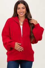 Red Oversized Zip Up Maternity Cardigan