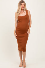 Mocha Scallop Trim Ribbed Knit Sleeveless Maternity Midi Dress