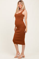 Mocha Scallop Trim Ribbed Knit Sleeveless Maternity Midi Dress