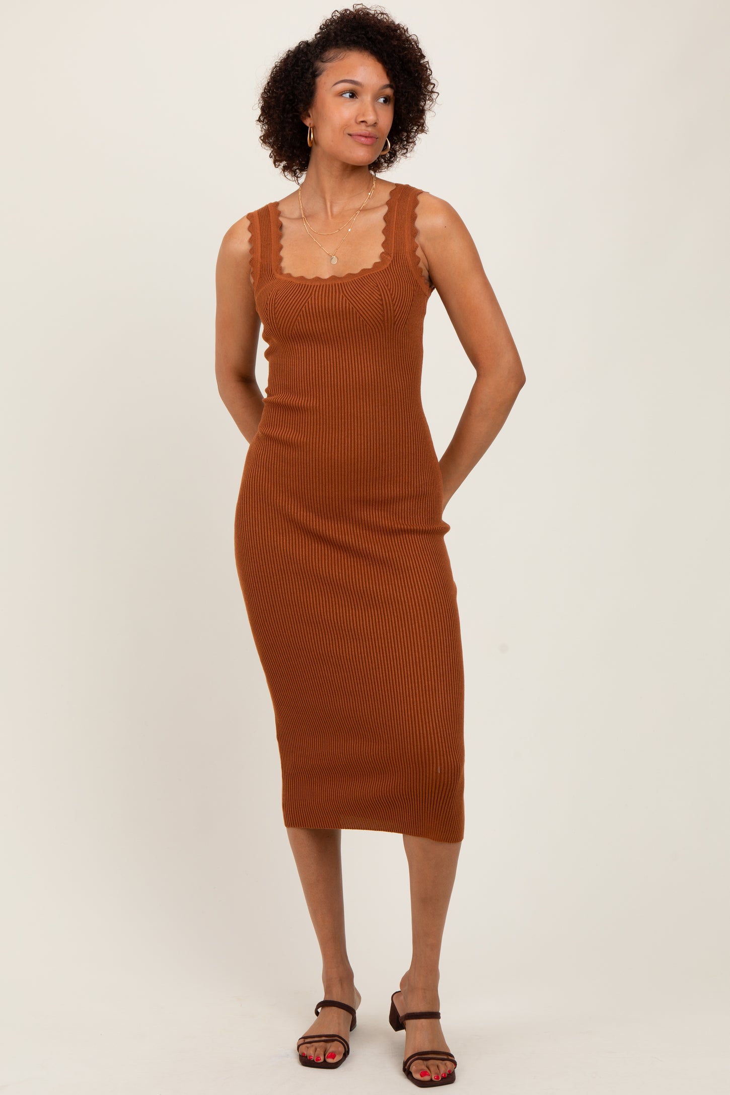 Mocha Scallop Trim Ribbed Knit Sleeveless Maternity Midi Dress