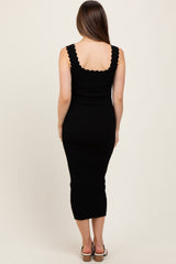 Black Scallop Trim Ribbed Knit Sleeveless Maternity Midi Dress