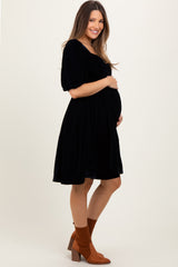 Black Velvet Sweetheart Button Accent Maternity Dress