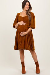 Camel Velvet Sweetheart Button Accent Maternity Dress