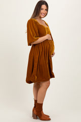 Camel Velvet Sweetheart Button Accent Maternity Dress