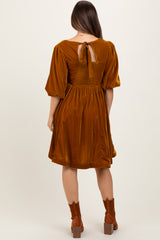 Camel Velvet Sweetheart Button Accent Maternity Dress