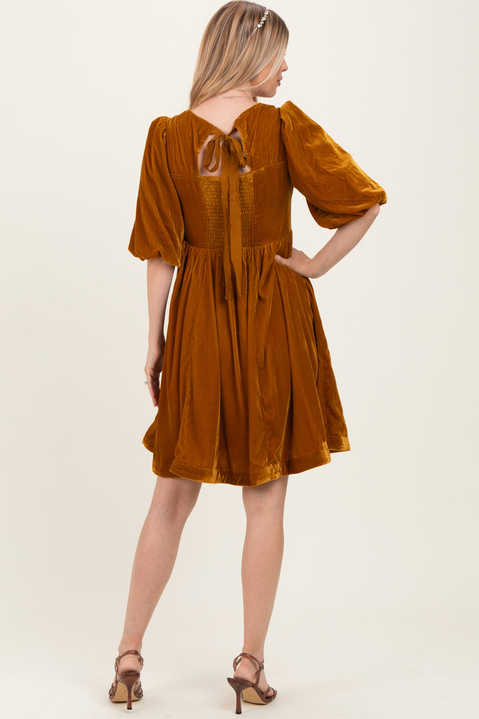 Camel Velvet Sweetheart Button Accent Dress
