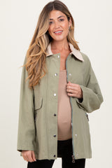 Light Olive Plaid Lined Oversized Maternity Zipper Jacket