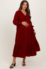 Burgundy Velvet Button Accent Smocked Sleeve Maternity Midi Dress