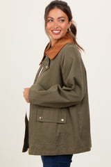 Olive Gingham Lined Maternity Zipper Jacket