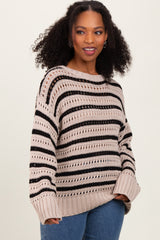 Beige Striped Crochet Knit Sweater