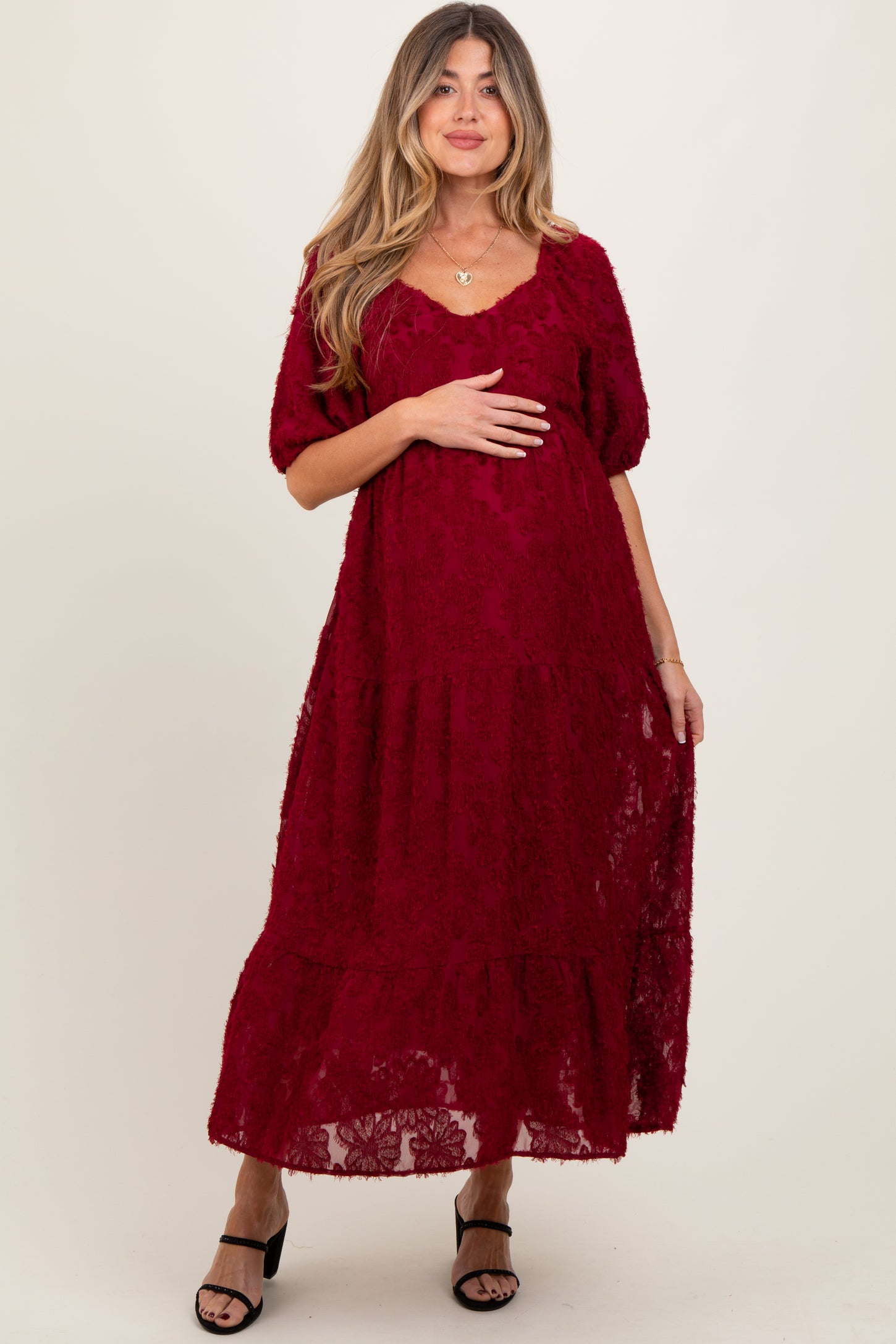Burgundy Textured Tiered Maternity Midi Dress