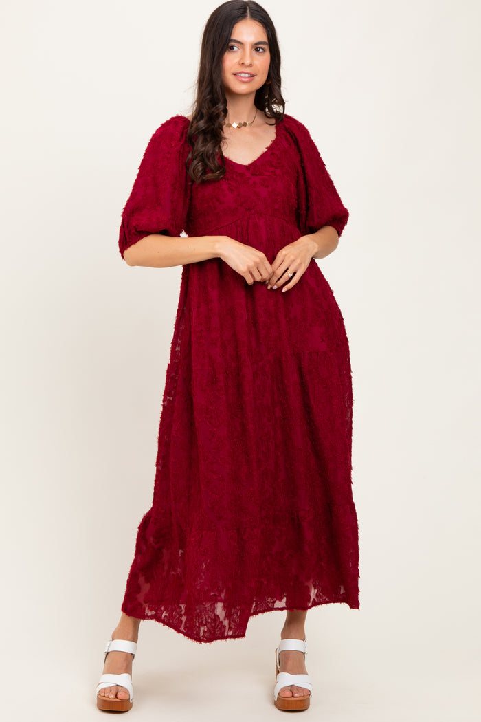 Burgundy Textured Tiered Midi Dress