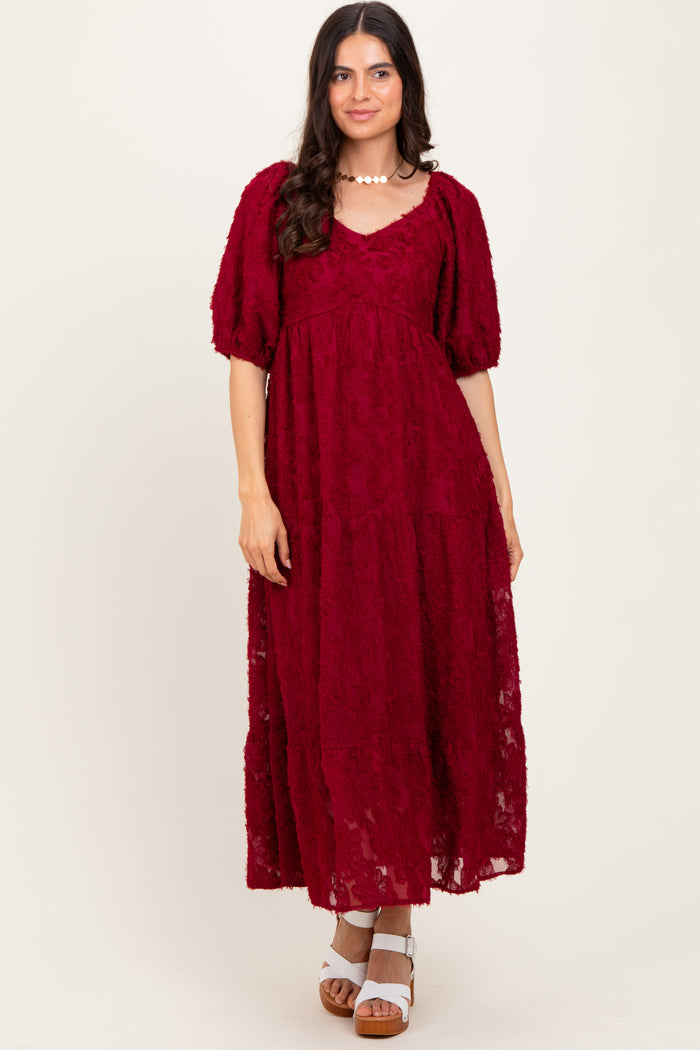 Burgundy Textured Tiered Midi Dress