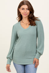 Light Olive Ribbed Knit V-Neck Button Cuff Top