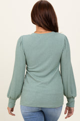 Light Olive Ribbed Knit V-Neck Button Cuff Top