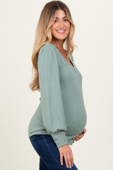 Light Olive Ribbed Knit V-Neck Button Cuff Maternity Top