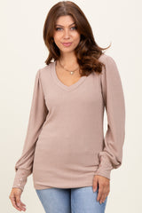 Beige Ribbed Knit V-Neck Button Cuff Maternity Top