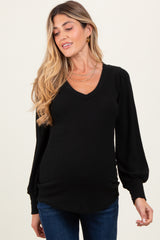 Black Ribbed Knit V-Neck Button Cuff Maternity Top