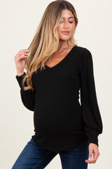 Black Ribbed Knit V-Neck Button Cuff Maternity Top